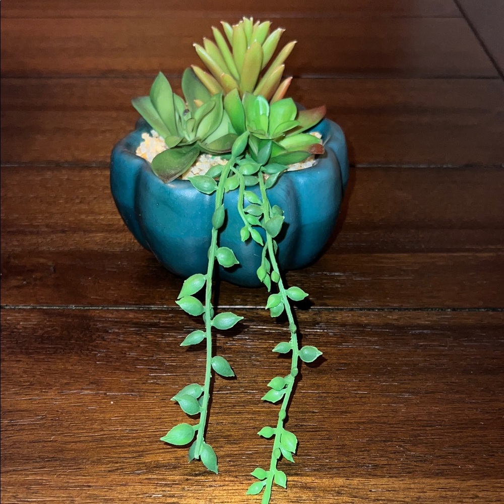 Blue Pumpkin Faux Succulent Planter Fall Decoration
